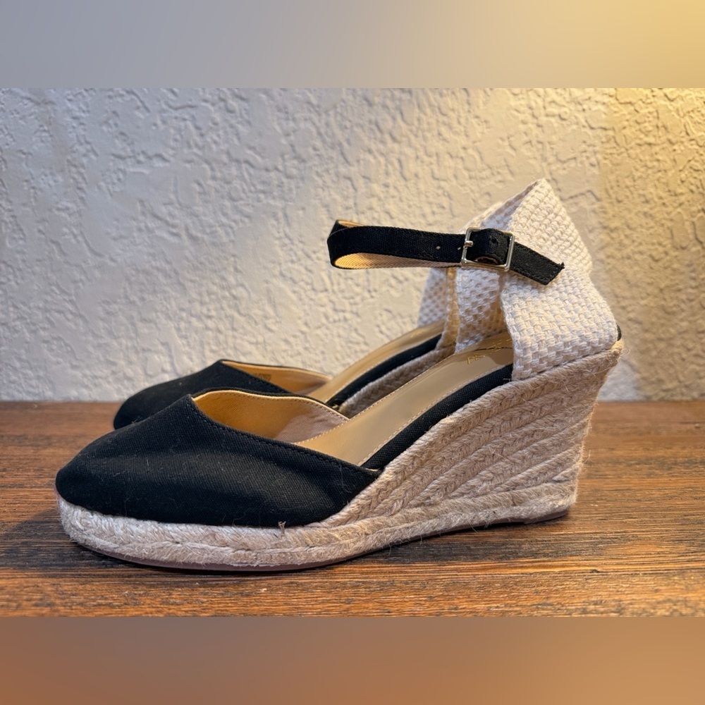 J. Crew Black Canvas Espadrille Wedge Ankle-Strap Sandals - Picture 6 of 16